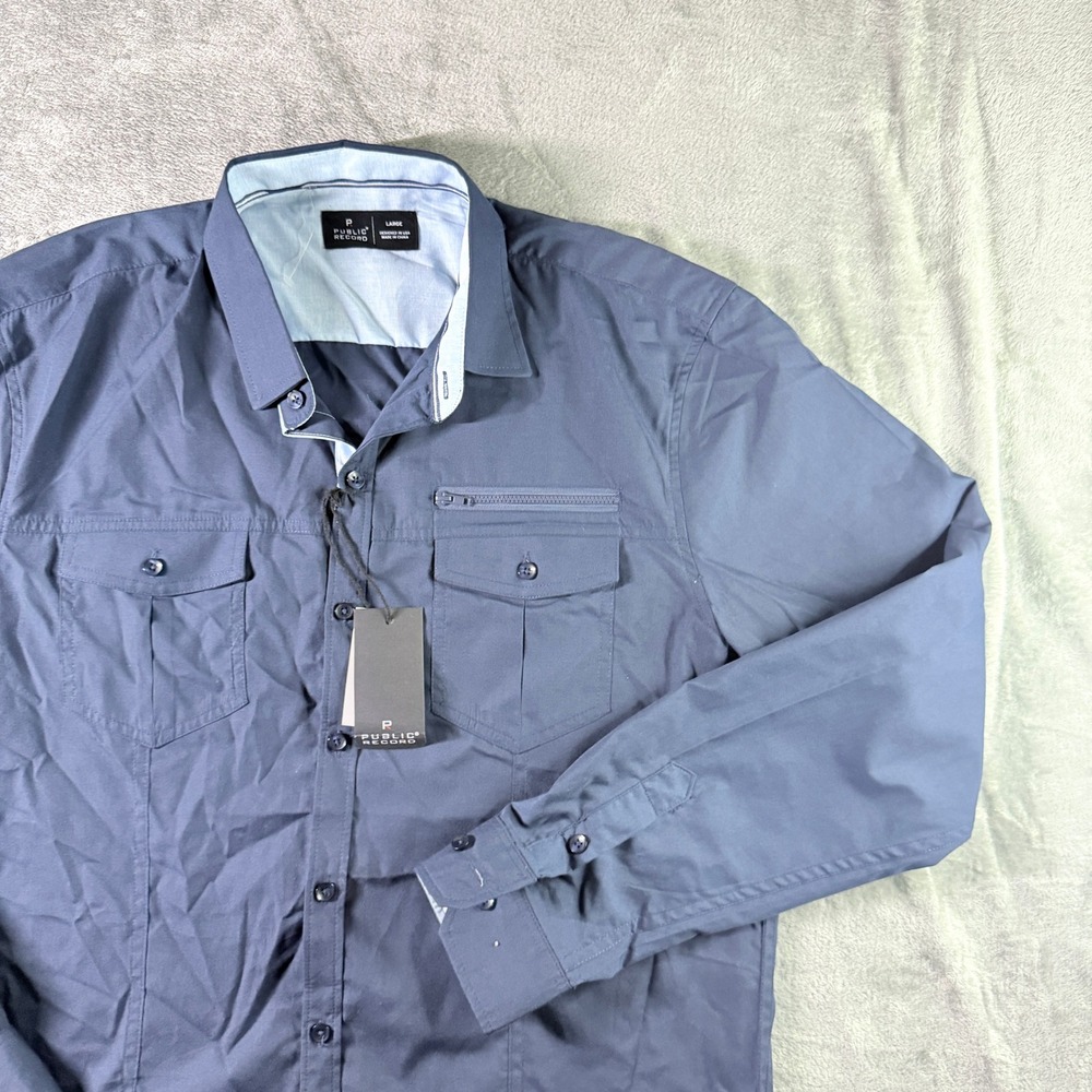 Public Record Mens Long Sleeve Button Front Shirt Navy Blue Large